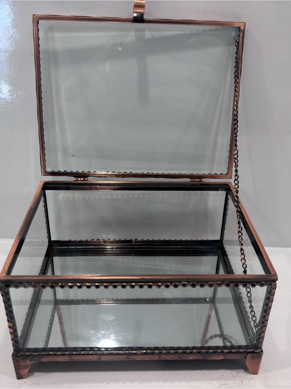 Mirrored Glass copper Trinket Footed Display Case | Hinge Lid